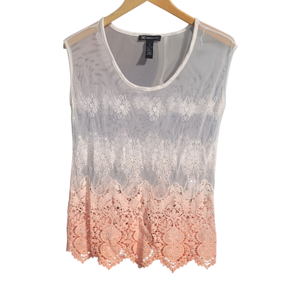 INC White and Pink Lace Top Women's